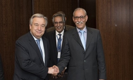Brahim Ghali en compagnie du SG de l'ONU, Antonio Guterres. D. R.